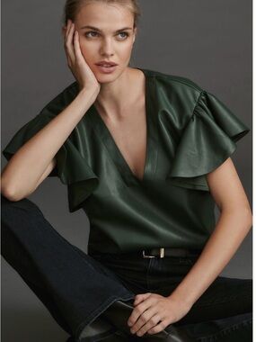 Maeve Dark Green Faux-Leather V-Neck Ruffle Sleeve Top